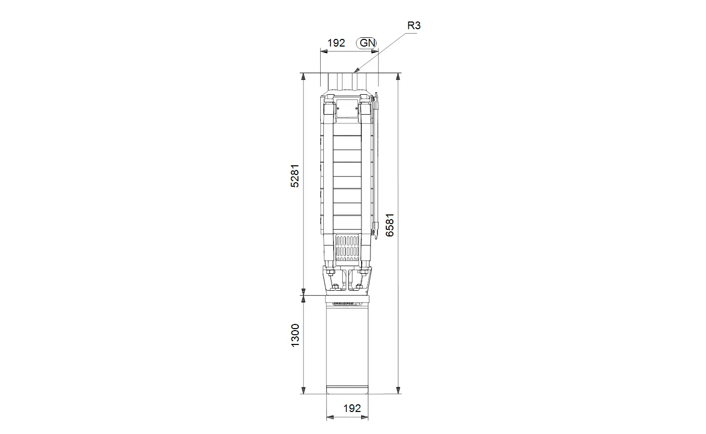 Vertikale Unterwasserpumpe von Grundfos mit klarer Darstellung. Maße, Skizze und technische Details sind im Bild abgebildet.